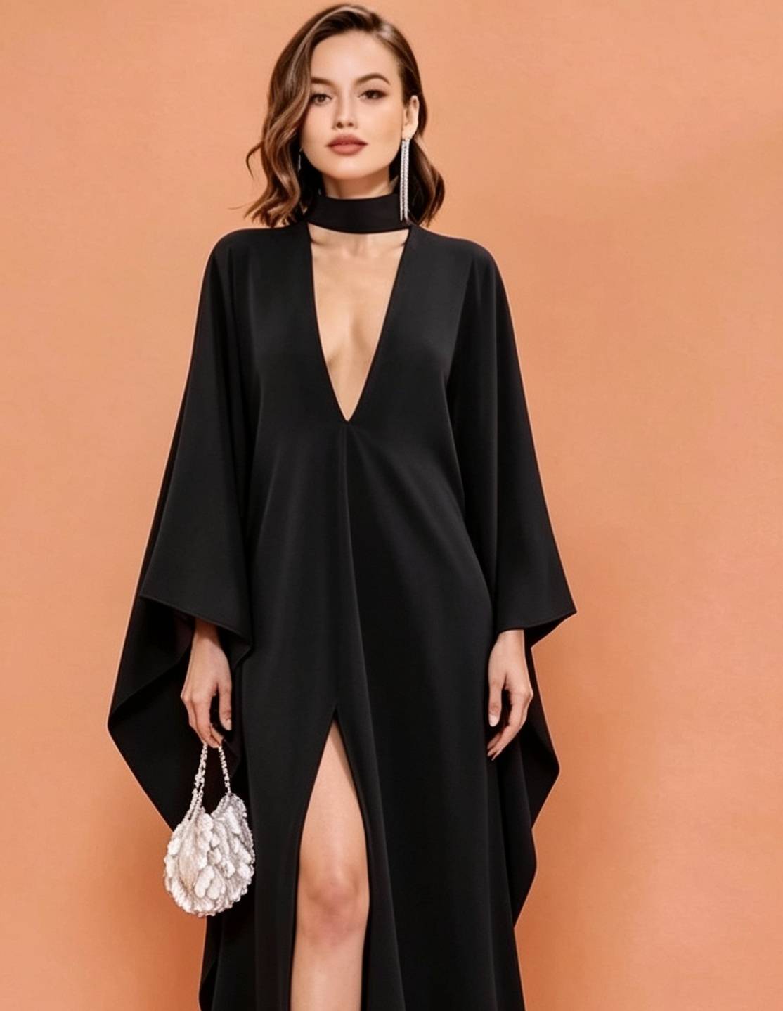 MARAYA Black Silk Blend Kaftan Maxi Dress, Deep V-Neck Kimono Sleeve Evening Gown, Choker Neck High Slit Formal Dress, Luxury Wedding Guest
