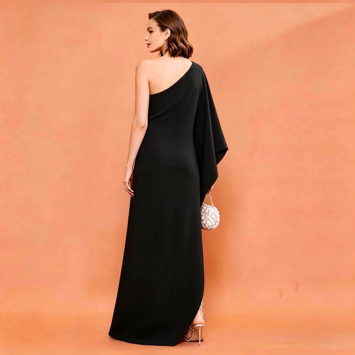 MARAYA Black Silk Blend One Shoulder Maxi Dress, Draped Cape Sleeve Evening Gown, High Slit Formal Dress, Luxury Wedding Guest Attire