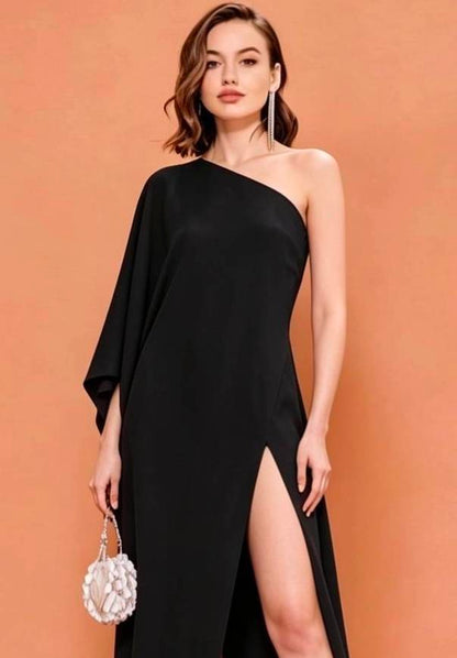 MARAYA Black Silk Blend One Shoulder Maxi Dress, Draped Cape Sleeve Evening Gown, High Slit Formal Dress, Luxury Wedding Guest Attire