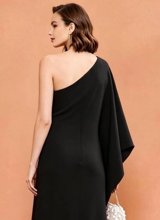 MARAYA Black Silk Blend One Shoulder Maxi Dress, Draped Cape Sleeve Evening Gown, High Slit Formal Dress, Luxury Wedding Guest Attire