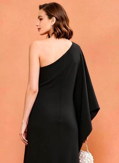 MARAYA Black Silk Blend One Shoulder Maxi Dress, Draped Cape Sleeve Evening Gown, High Slit Formal Dress, Luxury Wedding Guest Attire