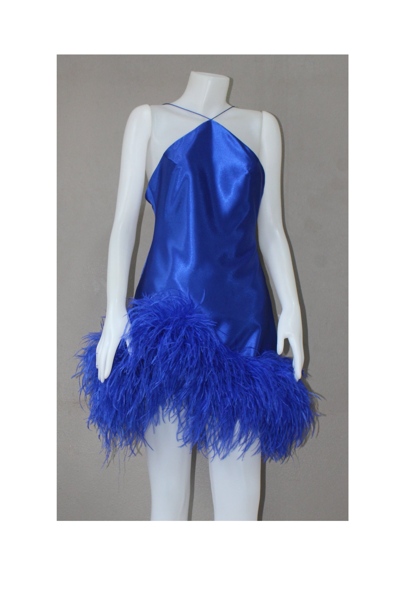 MARAYA Satin Blue Halter Neck Mini Feather Dress