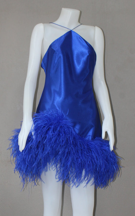 MARAYA Satin Blue Halter Neck Mini Feather Dress