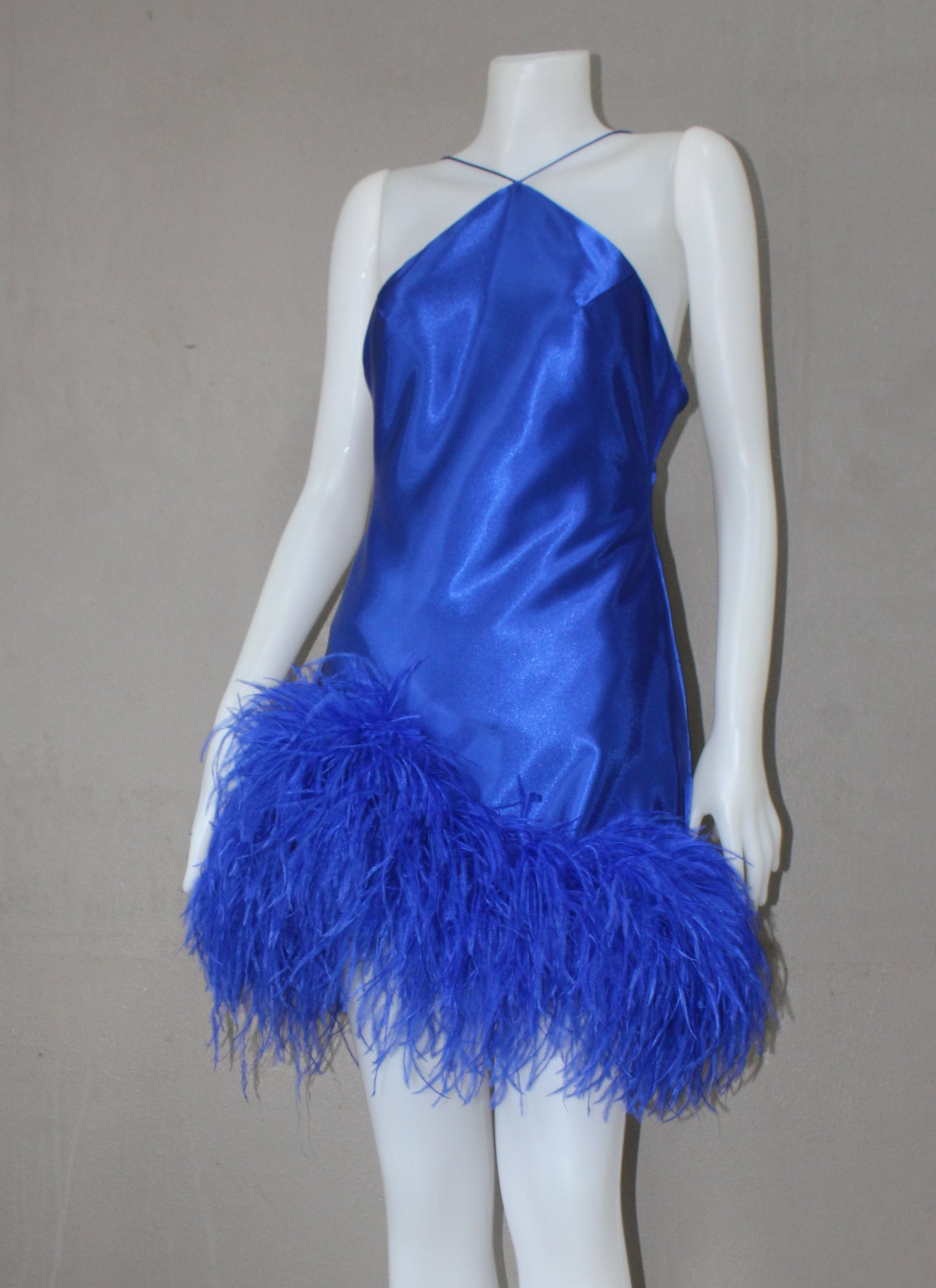 MARAYA Satin Blue Halter Neck Mini Feather Dress