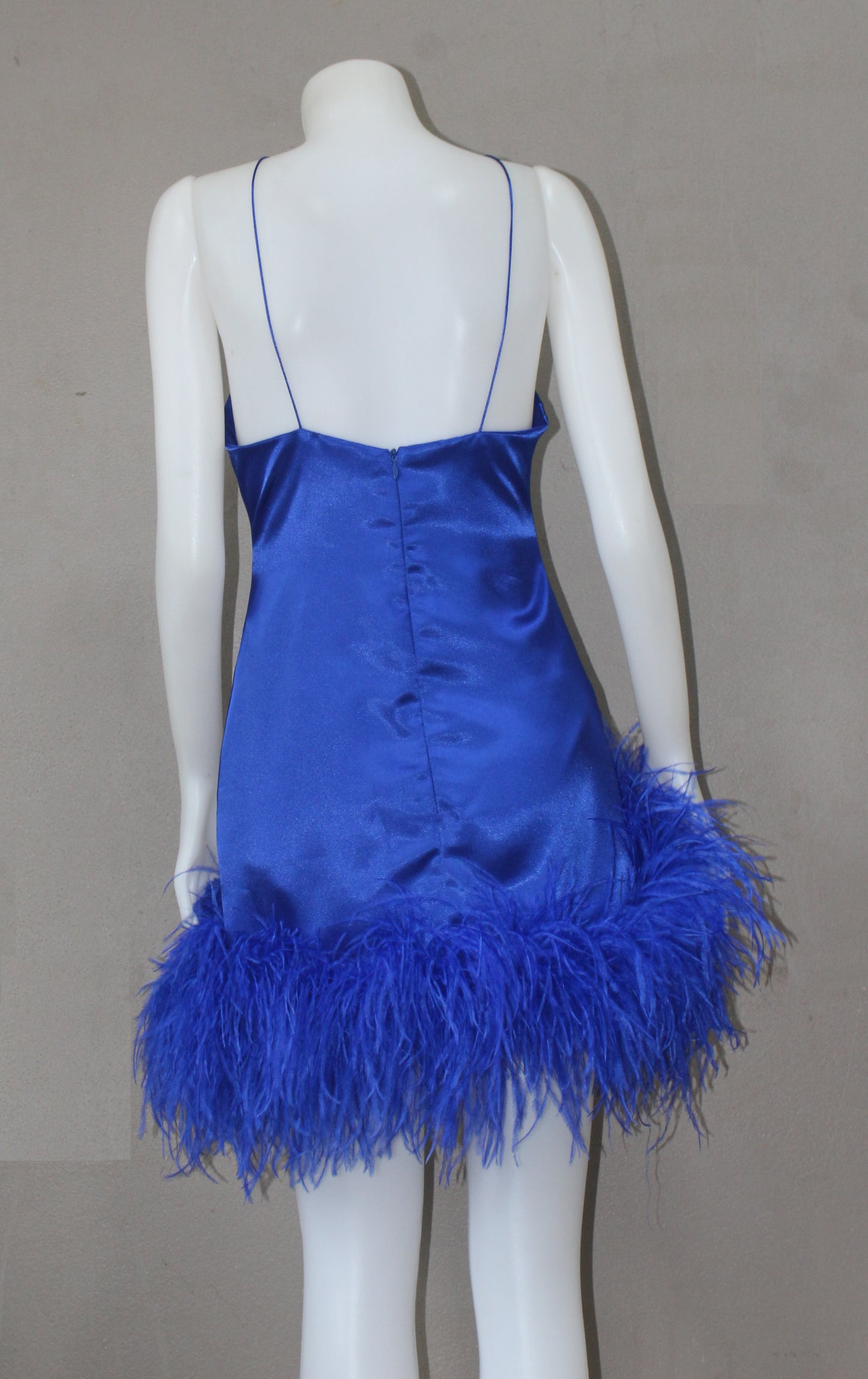 MARAYA Satin Blue Halter Neck Mini Feather Dress