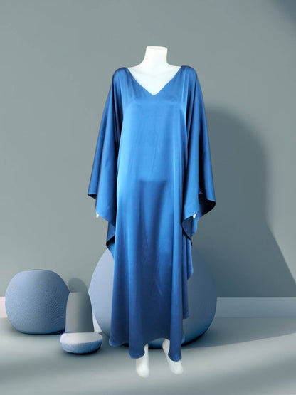 CERVIA Blue Satin Kaftan Maxi Dress, Loose Kimono Frock, Plus Size Evening Gown