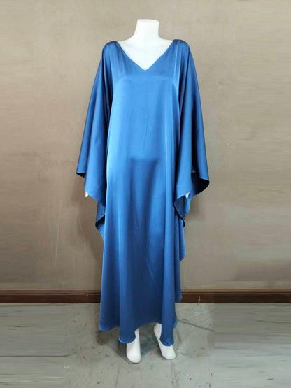 CERVIA Blue Satin Kaftan Maxi Dress, Loose Kimono Frock, Plus Size Evening Gown