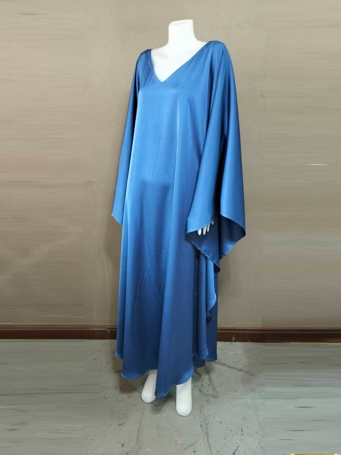 CERVIA Blue Satin Kaftan Maxi Dress, Loose Kimono Frock, Plus Size Evening Gown