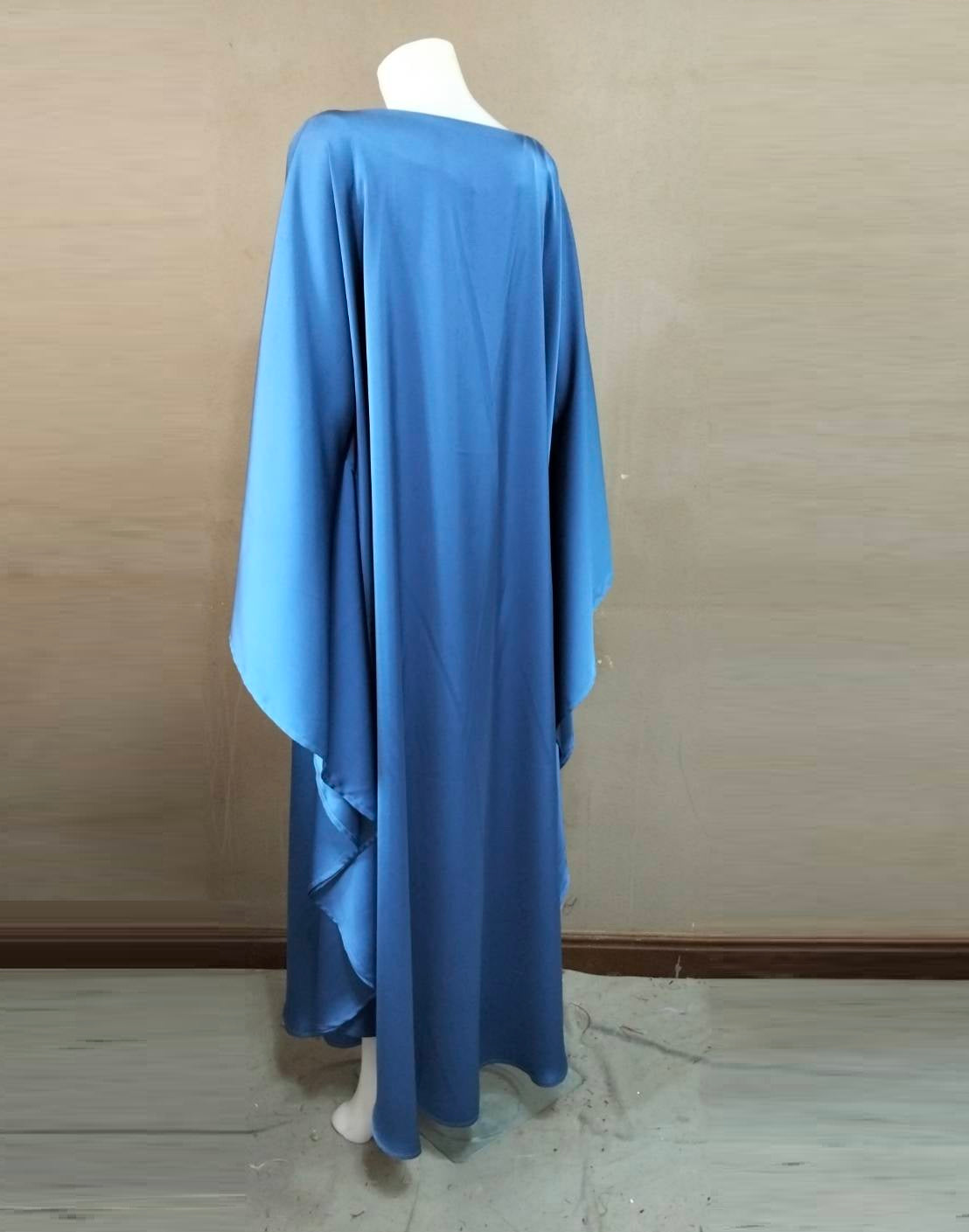 CERVIA Blue Satin Kaftan Maxi Dress, Loose Kimono Frock, Plus Size Evening Gown
