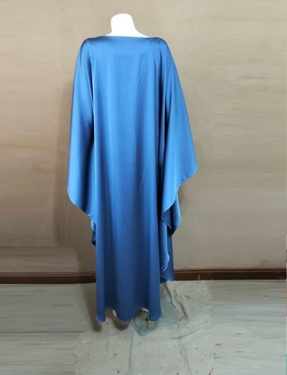 CERVIA Blue Satin Kaftan Maxi Dress, Loose Kimono Frock, Plus Size Evening Gown