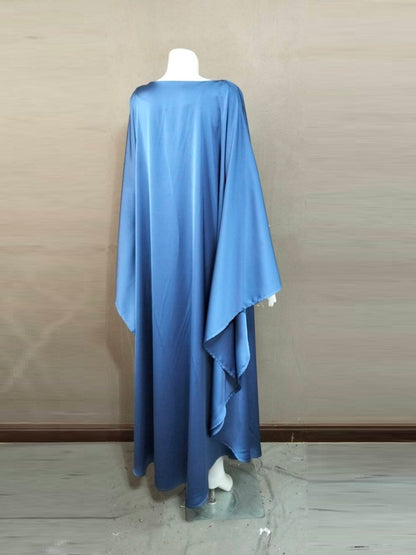 CERVIA Blue Satin Kaftan Maxi Dress, Loose Kimono Frock, Plus Size Evening Gown
