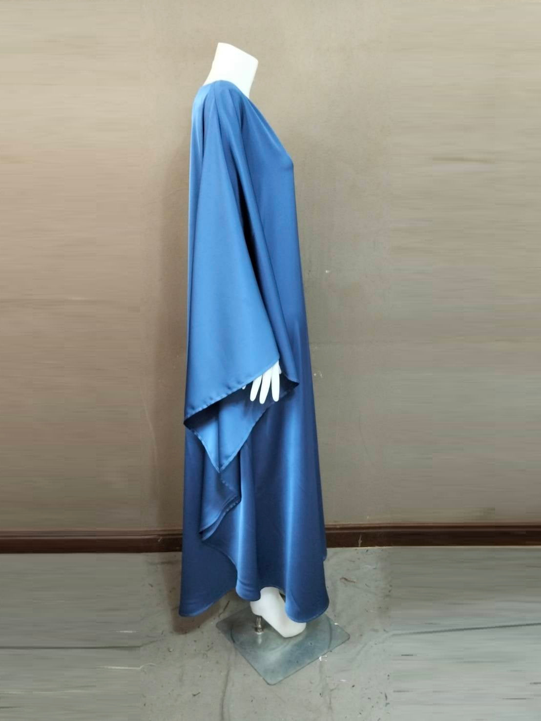 CERVIA Blue Satin Kaftan Maxi Dress, Loose Kimono Frock, Plus Size Evening Gown