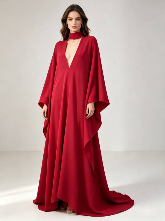 MARAYA Handmade Burgundy Kaftan Gown, Deep V-Neck Evening Abaya, Flowy Maxi Dress