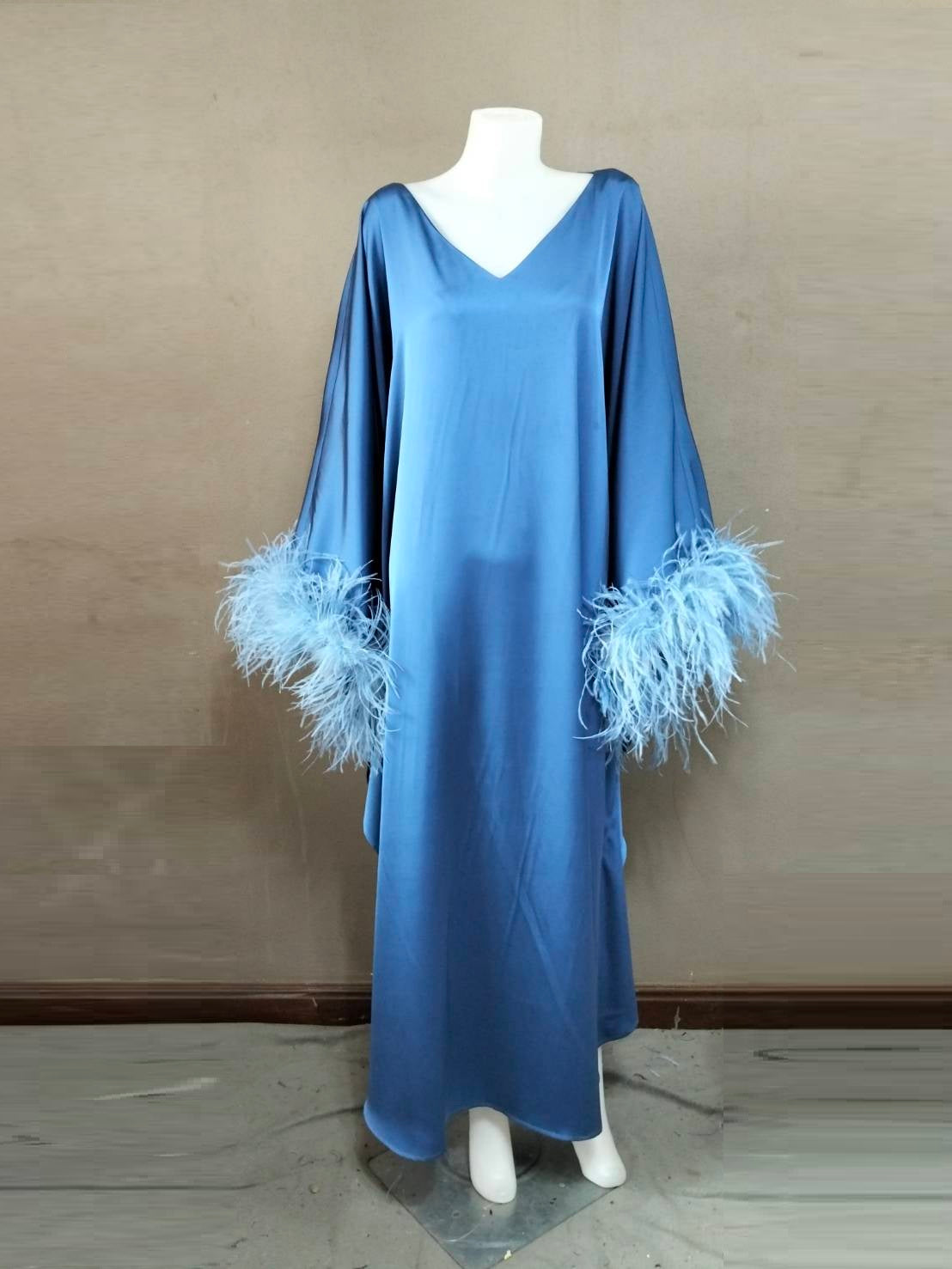 CERVIA Blue Satin Kaftan Maxi Feather Dress, Loose Kimono Frock, Plus Size Evening Gown