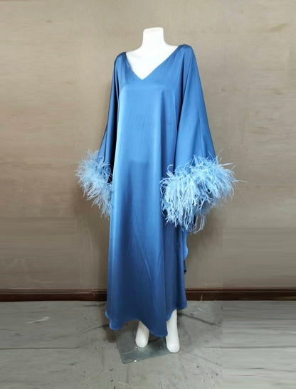 CERVIA Blue Satin Kaftan Maxi Feather Dress, Loose Kimono Frock, Plus Size Evening Gown