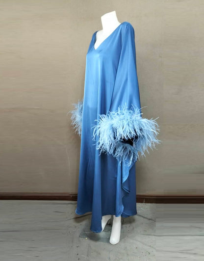 CERVIA Blue Satin Kaftan Maxi Feather Dress, Loose Kimono Frock, Plus Size Evening Gown