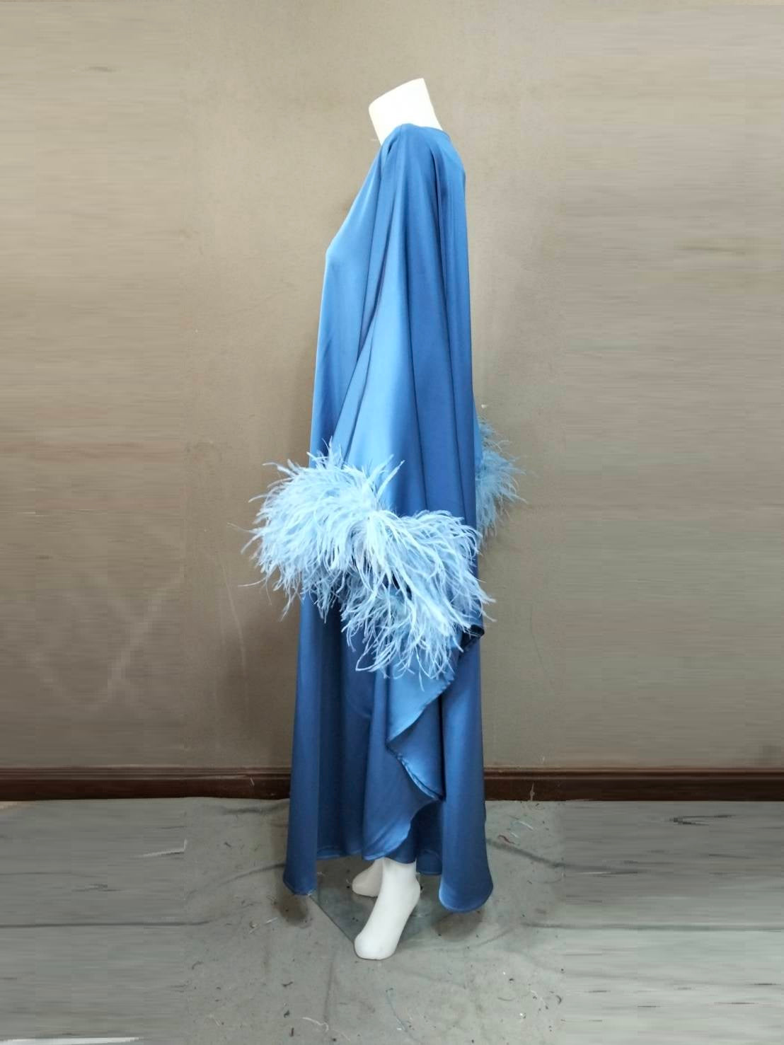 CERVIA Blue Satin Kaftan Maxi Feather Dress, Loose Kimono Frock, Plus Size Evening Gown