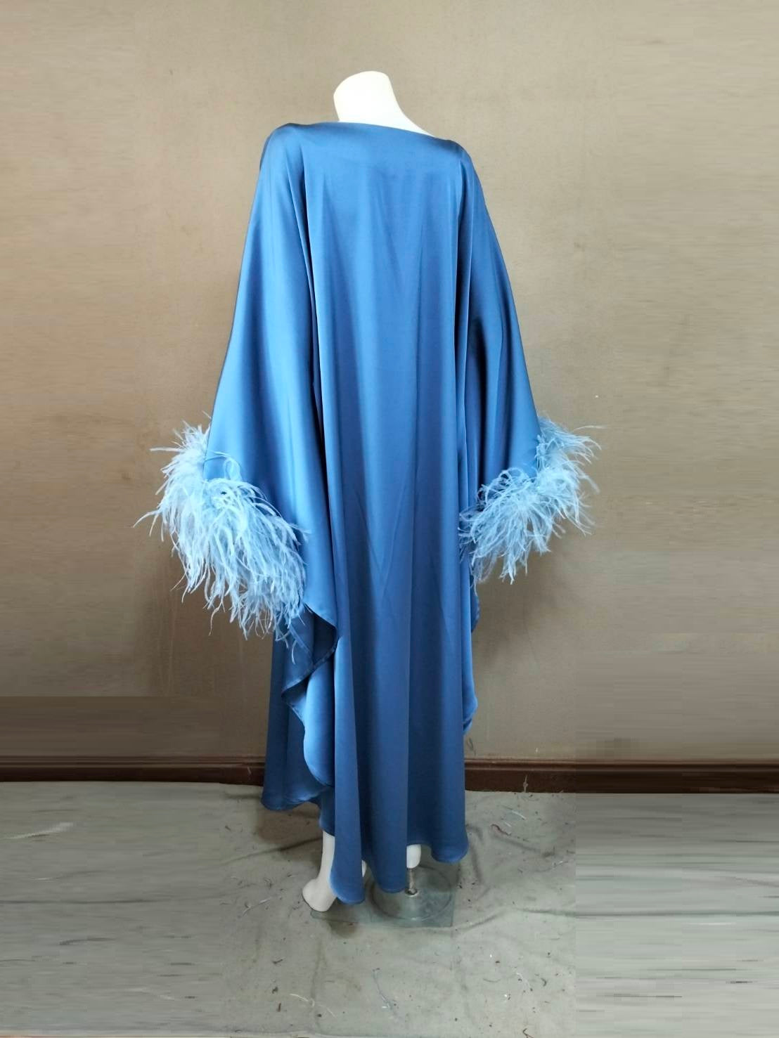 CERVIA Blue Satin Kaftan Maxi Feather Dress, Loose Kimono Frock, Plus Size Evening Gown