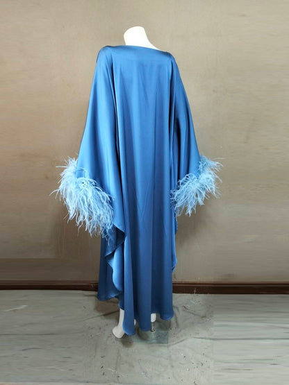 CERVIA Blue Satin Kaftan Maxi Feather Dress, Loose Kimono Frock, Plus Size Evening Gown