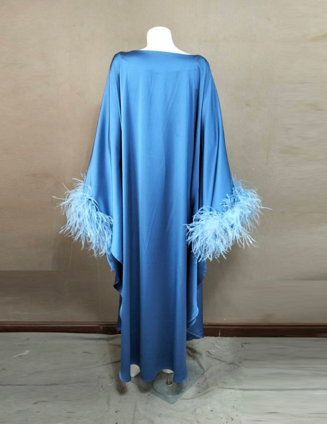 CERVIA Blue Satin Kaftan Maxi Feather Dress, Loose Kimono Frock, Plus Size Evening Gown