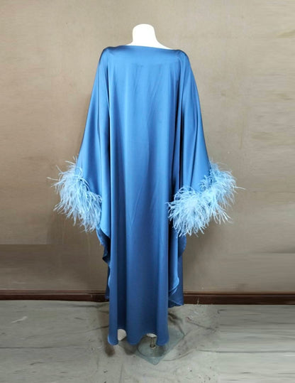 CERVIA Blue Satin Kaftan Maxi Feather Dress, Loose Kimono Frock, Plus Size Evening Gown