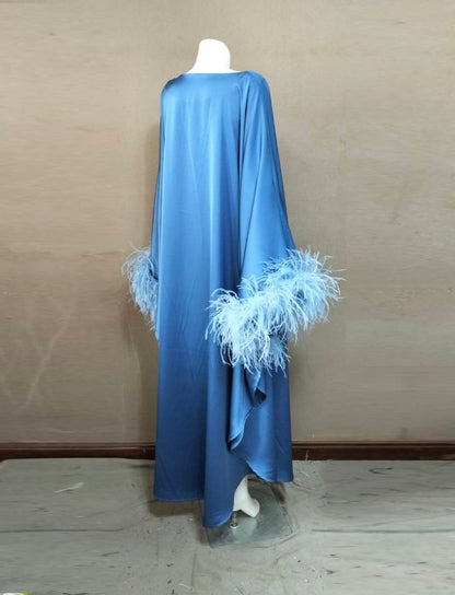 CERVIA Blue Satin Kaftan Maxi Feather Dress, Loose Kimono Frock, Plus Size Evening Gown