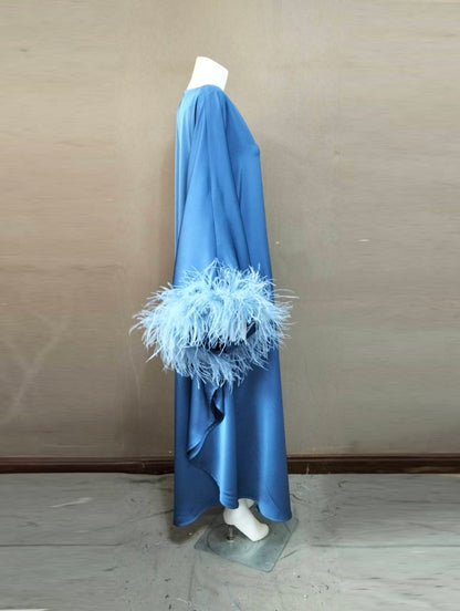 CERVIA Blue Satin Kaftan Maxi Feather Dress, Loose Kimono Frock, Plus Size Evening Gown