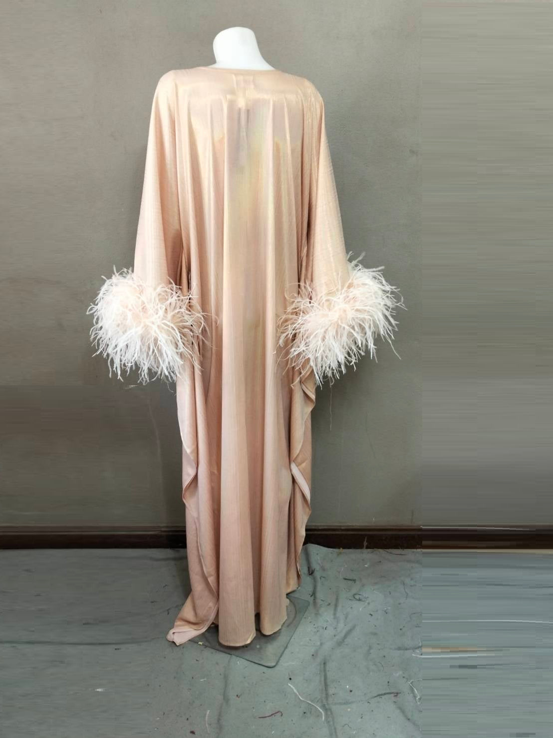 CERVIA Pink Pearl Sparkle Kaftan Dress, Feather Trim, Party Cover-Up