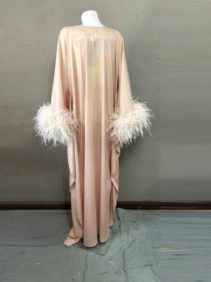 CERVIA Pink Pearl Sparkle Kaftan Dress, Feather Trim, Party Cover-Up