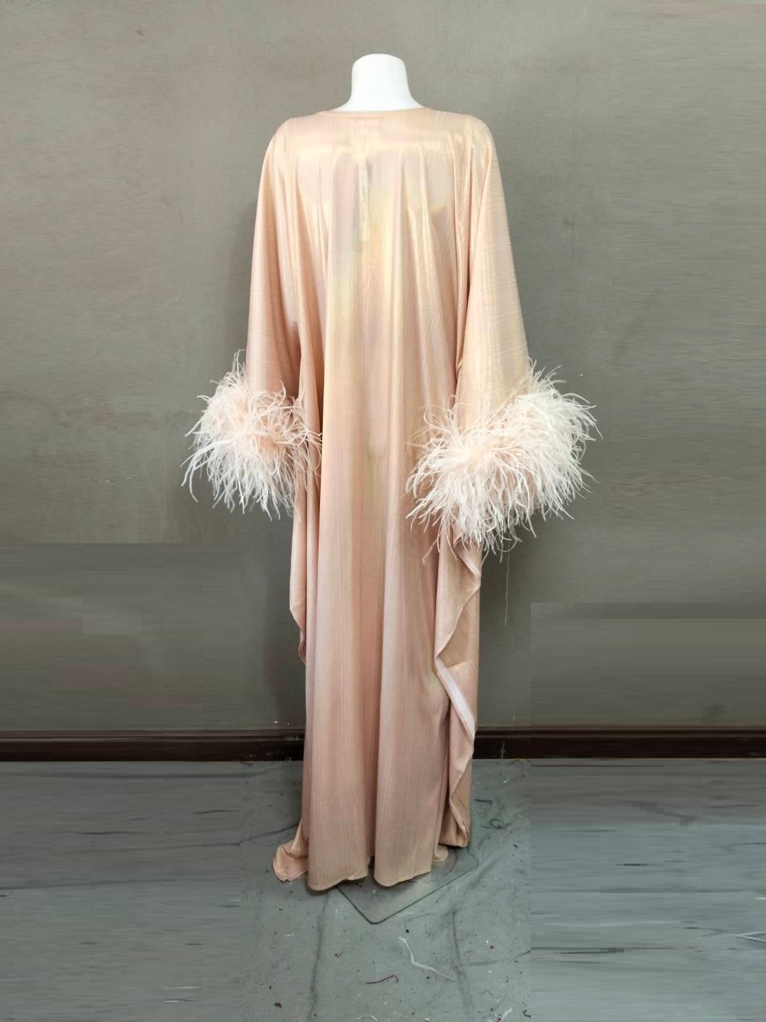 CERVIA Pink Pearl Sparkle Kaftan Dress, Feather Trim, Party Cover-Up