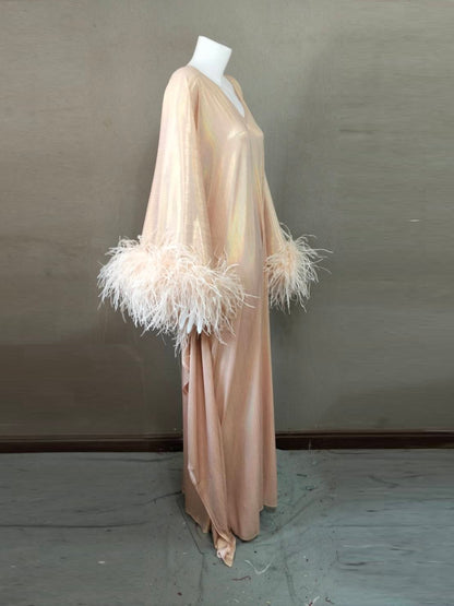 CERVIA Pink Pearl Sparkle Kaftan Dress, Feather Trim, Party Cover-Up