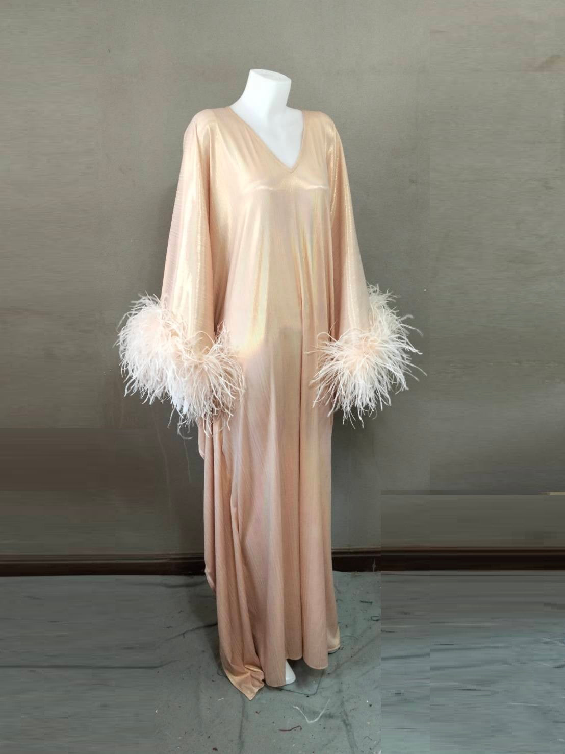 CERVIA Pink Pearl Sparkle Kaftan Dress, Feather Trim, Party Cover-Up