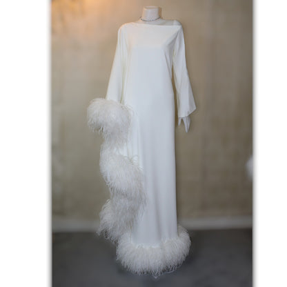 MARAYA Ivory Asymmetrical boat neck maxi Feather dress