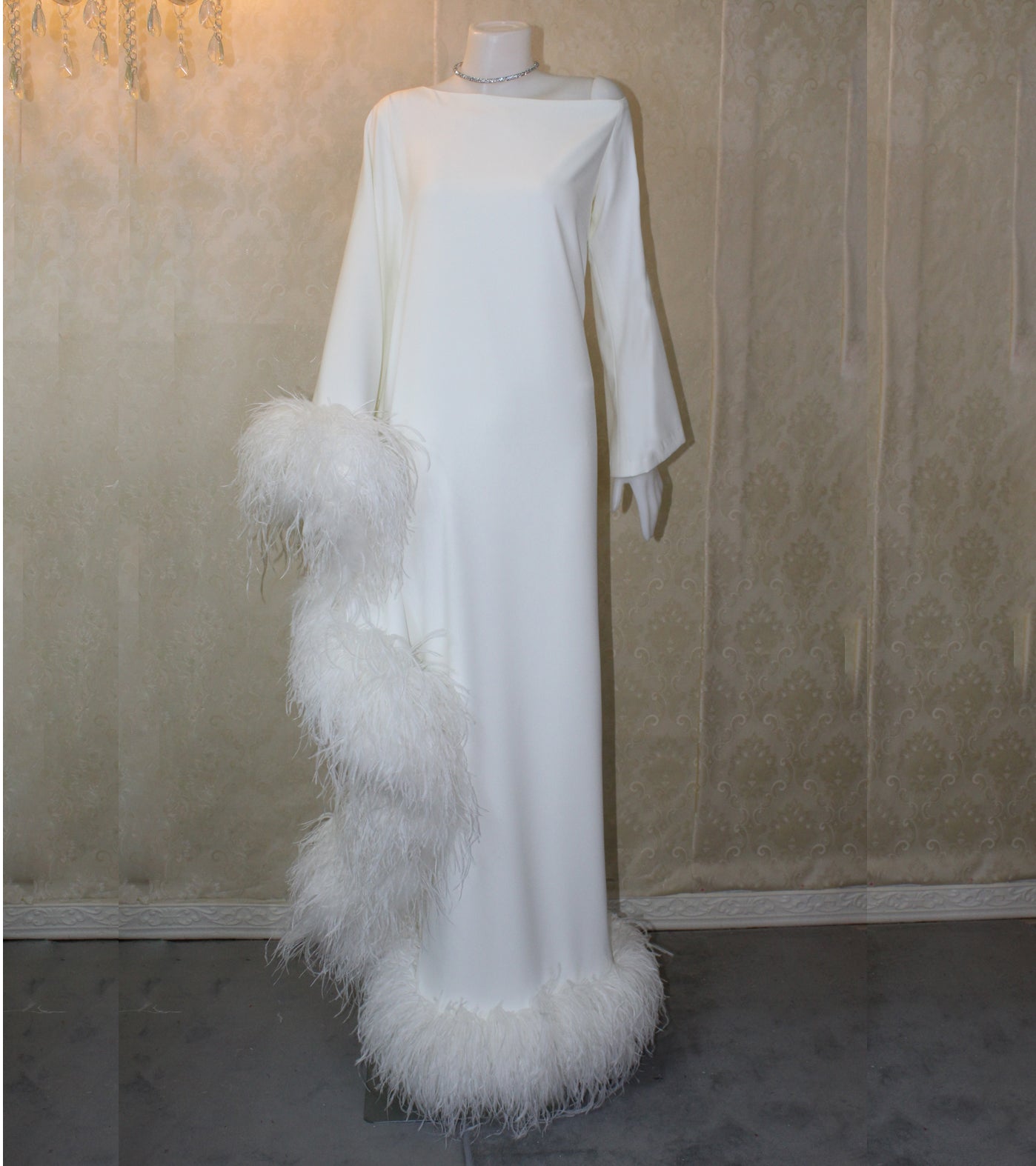 MARAYA Ivory Asymmetrical boat neck maxi Feather dress