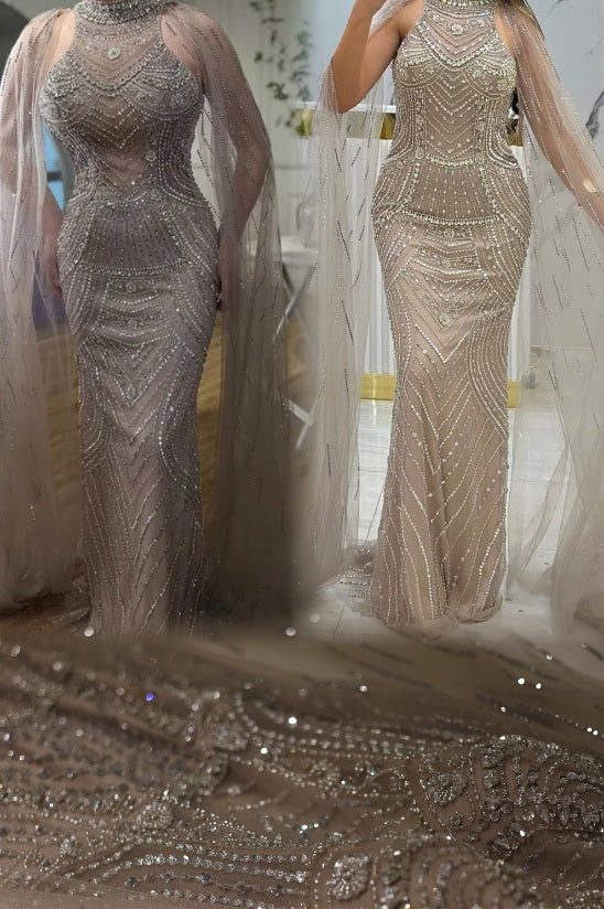 Caramel Elegant High Neck Crystal Evening Dress with Cape Sleeves THEIDEACRAFTS: Feather Dress | Elegant & Sexy Dress | Bohemian Wedding Dress Caramel Elegant High Neck Crystal Evening Dress with Cape Sleeves THEIDEACRAFTS: Feather Dress | Elegant & Sexy Dress | Bohemian Wedding Dress