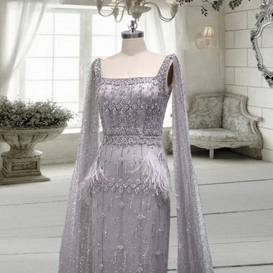 Crystal Silver Gray Midi Bridal Feather Evening Dress with Cape