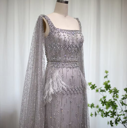 Crystal Silver Gray Midi Bridal Feather Evening Dress with Cape
