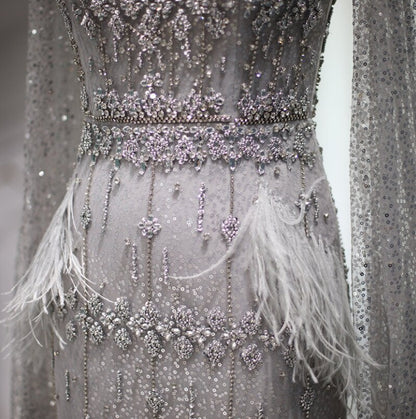 Crystal Silver Gray Midi Bridal Feather Evening Dress with Cape