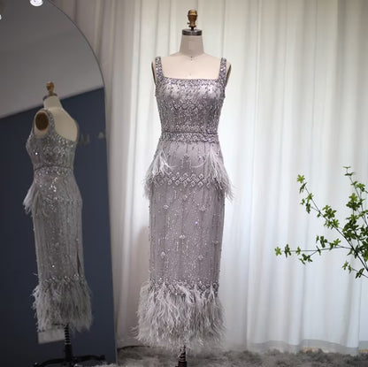 Crystal Silver Gray Midi Bridal Feather Evening Dress with Cape