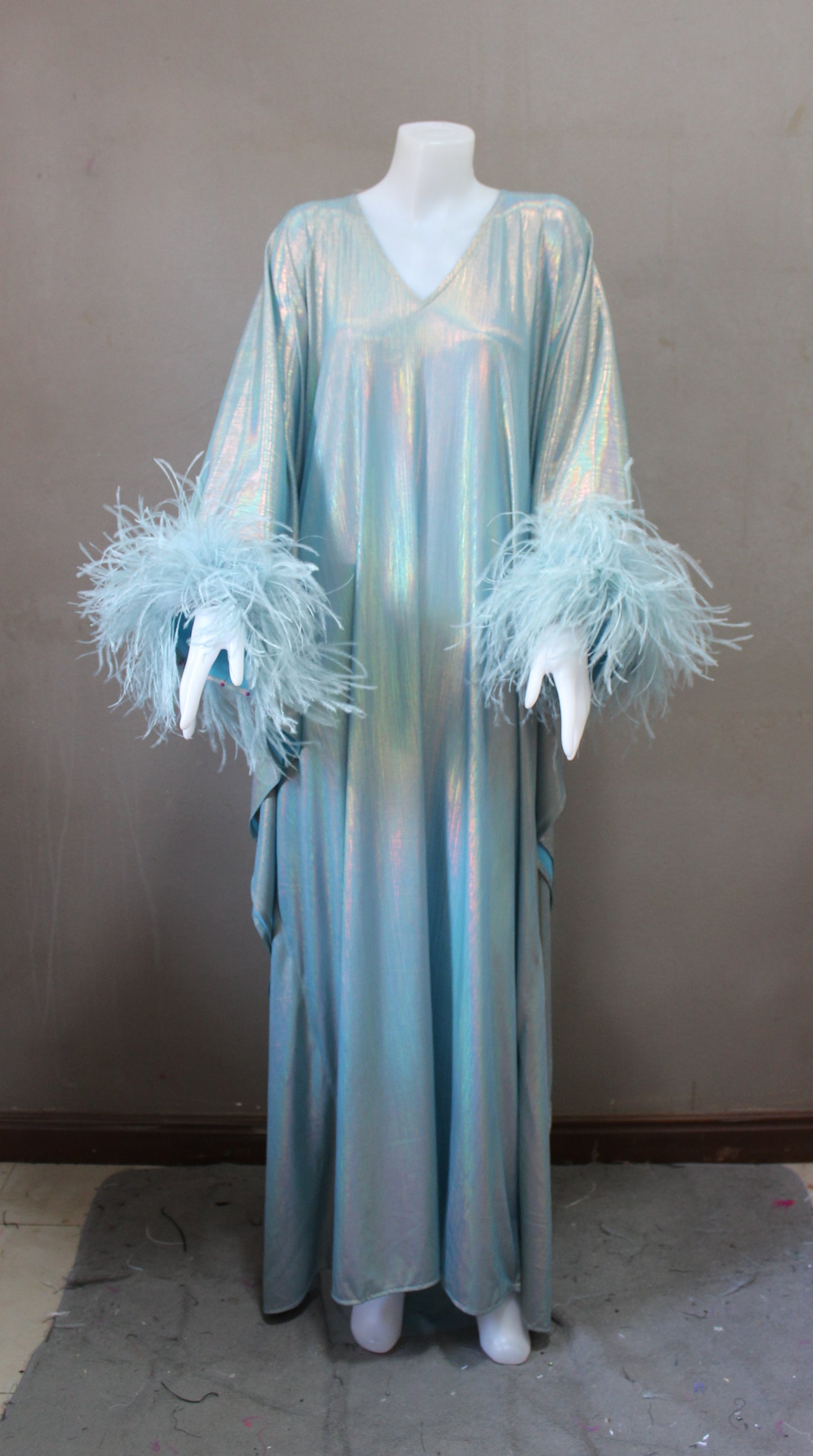 CERVIA Dazzling Aqua Sparkle Kaftan Dress, Feather Trim, Party Cover-Up