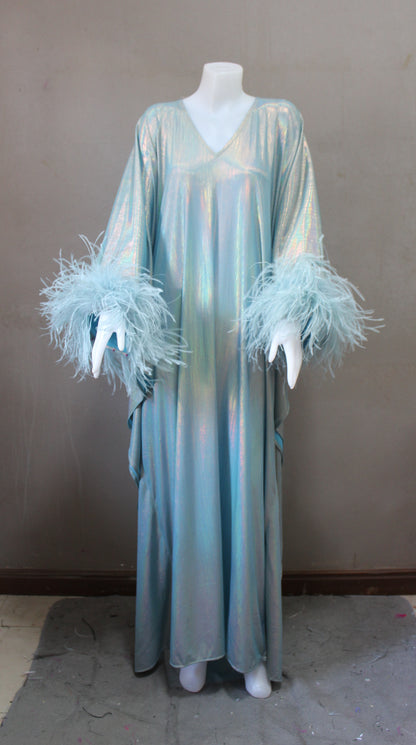 CERVIA Dazzling Aqua Sparkle Kaftan Dress, Feather Trim, Party Cover-Up