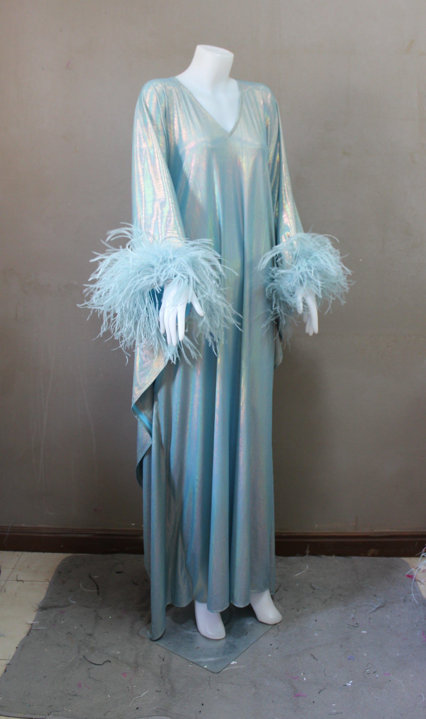 CERVIA Dazzling Aqua Sparkle Kaftan Dress, Feather Trim, Party Cover-Up
