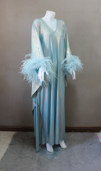 CERVIA Dazzling Aqua Sparkle Kaftan Dress, Feather Trim, Party Cover-Up