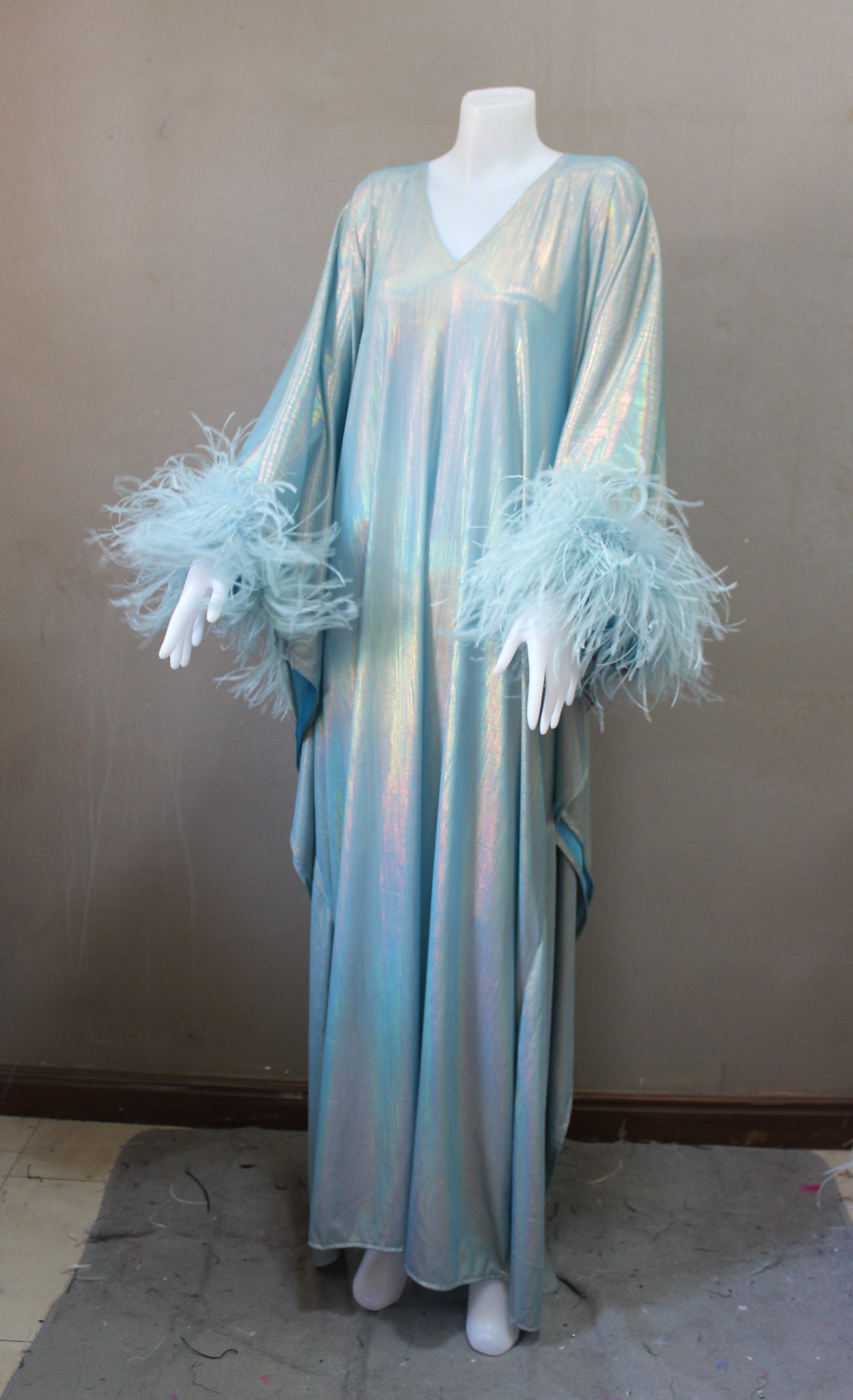 CERVIA Dazzling Aqua Sparkle Kaftan Dress, Feather Trim, Party Cover-Up