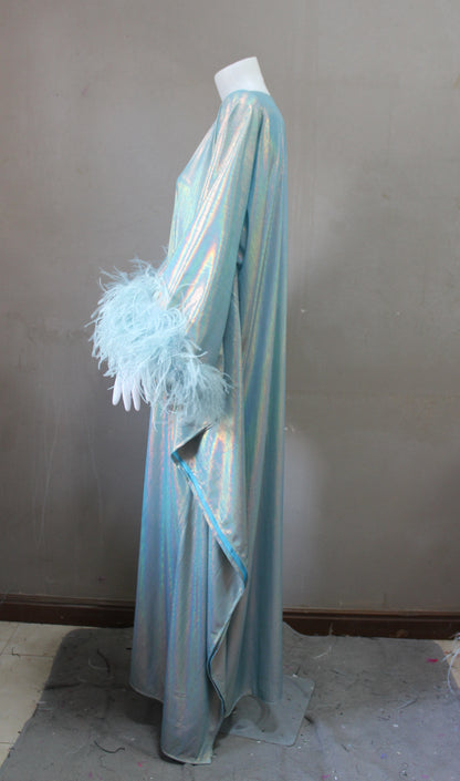 CERVIA Dazzling Aqua Sparkle Kaftan Dress, Feather Trim, Party Cover-Up