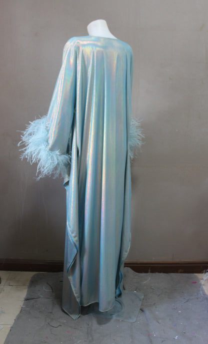CERVIA Dazzling Aqua Sparkle Kaftan Dress, Feather Trim, Party Cover-Up