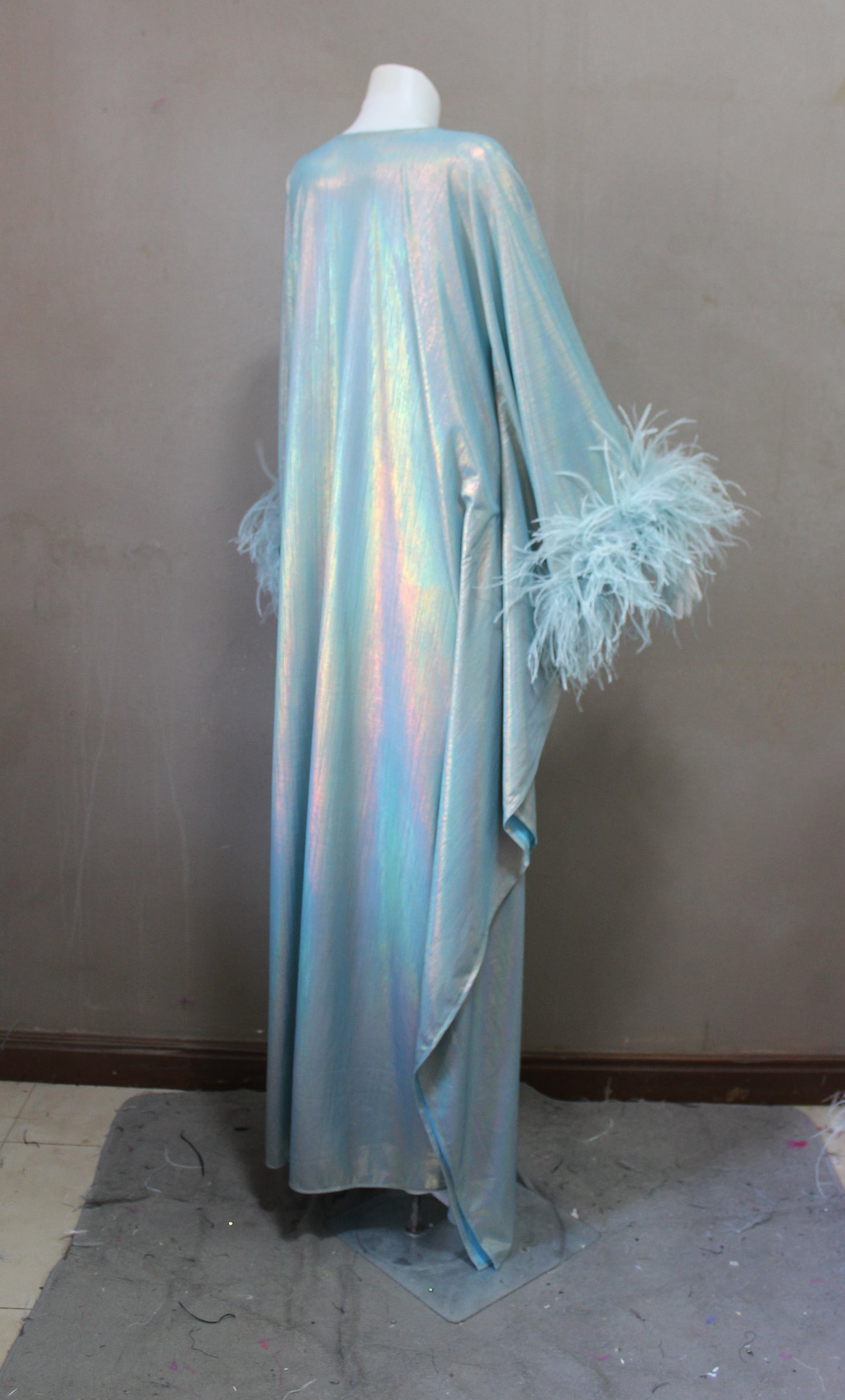 CERVIA Dazzling Aqua Sparkle Kaftan Dress, Feather Trim, Party Cover-Up
