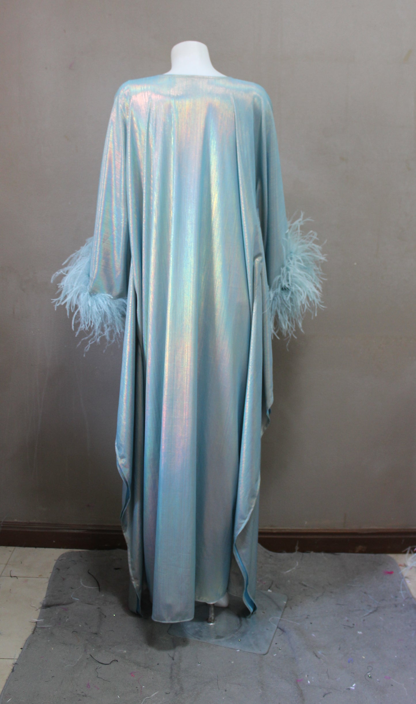 CERVIA Dazzling Aqua Sparkle Kaftan Dress, Feather Trim, Party Cover-Up
