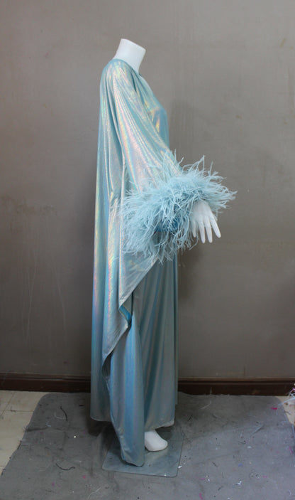 CERVIA Dazzling Aqua Sparkle Kaftan Dress, Feather Trim, Party Cover-Up