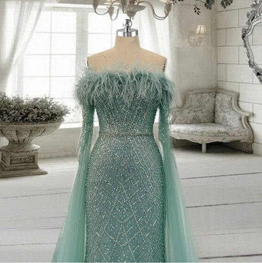 Luxury Turquoise Dubai Evening Feather Dress with Cape Sleeves